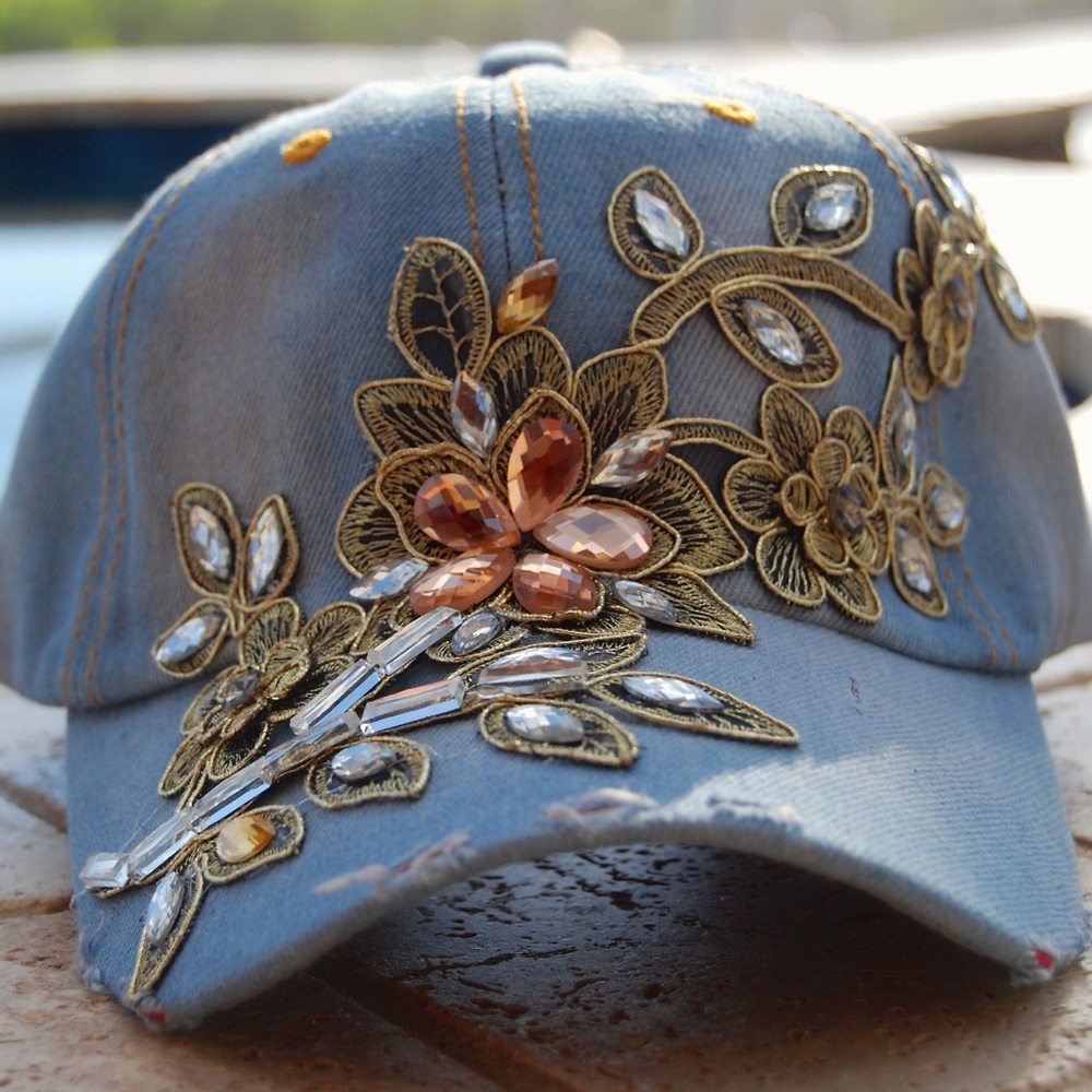 Embroidered Floral Denim Cap